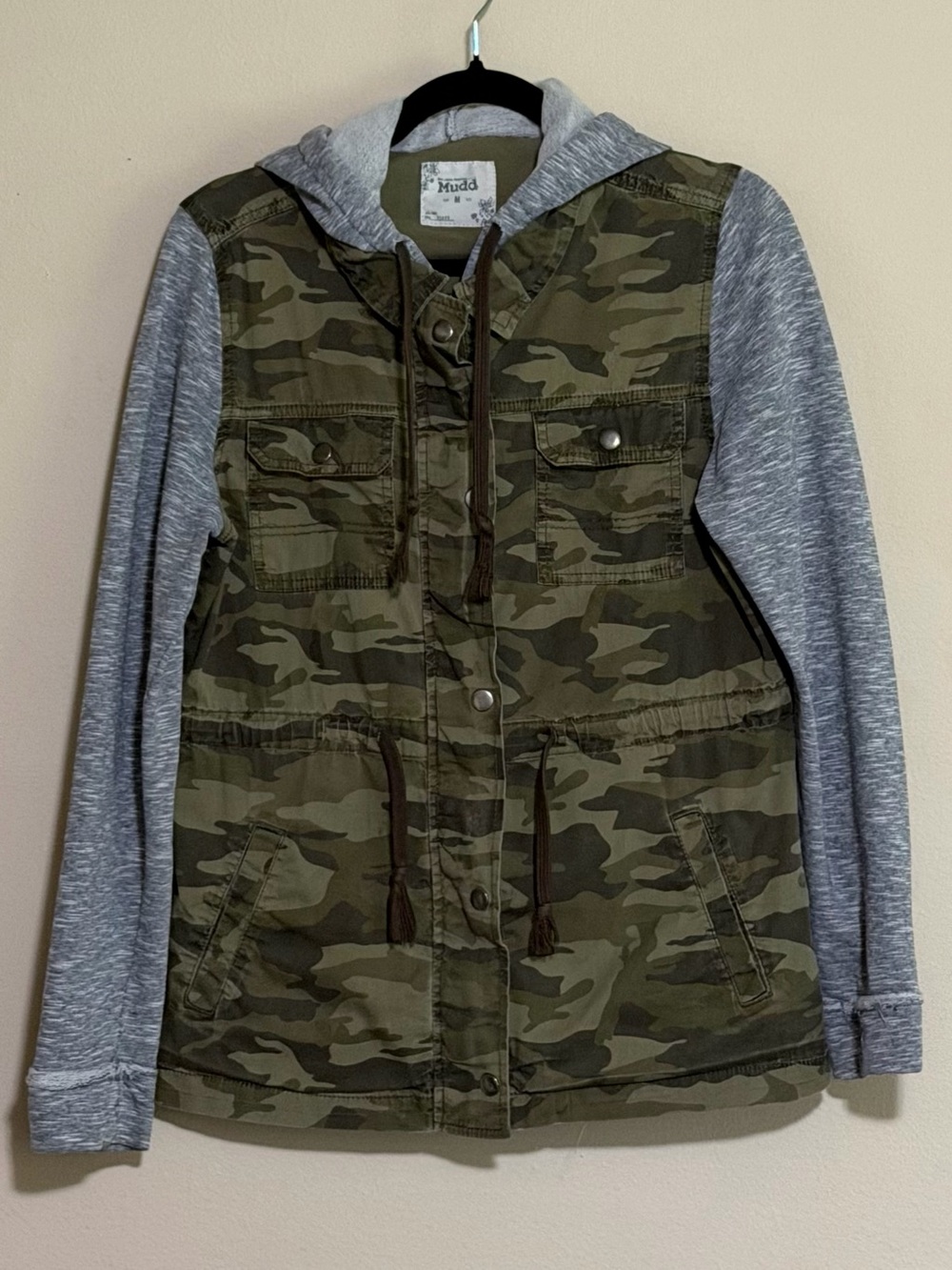 Mudd Green Camo Utility Jacket with Gray Knit Hood & Sleeves